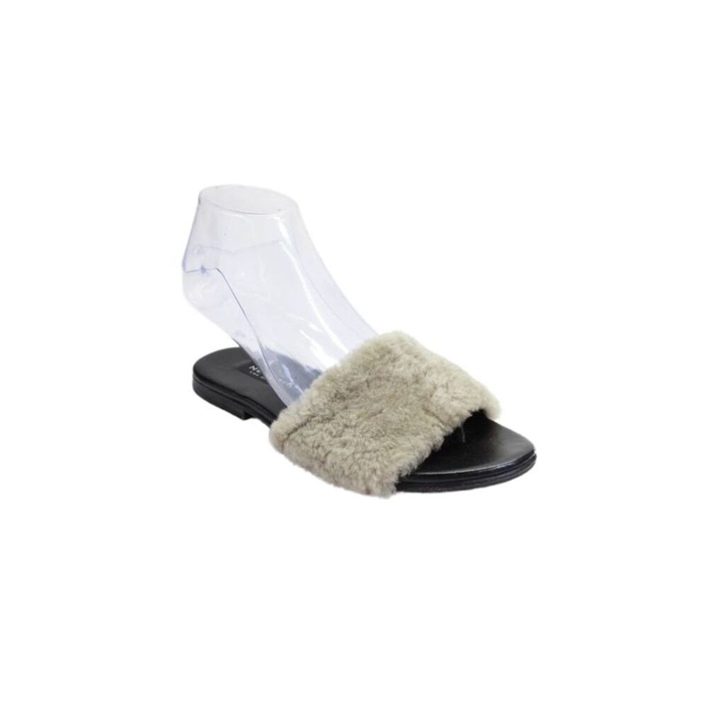 NewbarK Womens Shearling Flat Thong Sandals Black Gray Size 6.5